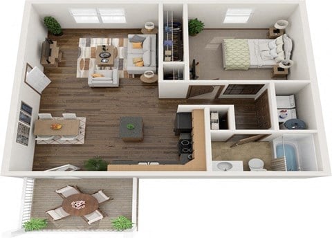 Floor plan for 1 bed, 1 bath, 747 sqft